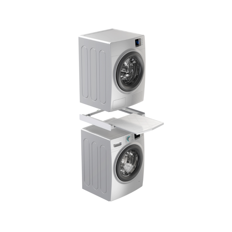 Vezni člen z izvlečno polico med zloženim pralnim in sušilnim strojem