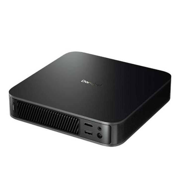 Dangbei projektor: kompakten črn pametni projektor z odprtinami za hlajenje, USB priklopi in minimalističnim dizajnom.