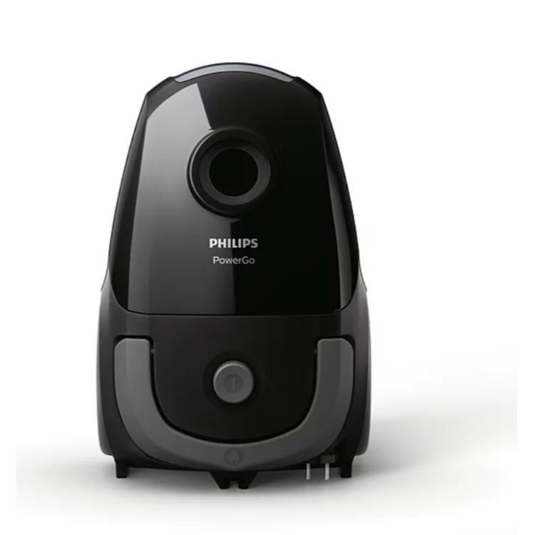 Črn sesalnik Philips PowerGo, pogled od spredaj, z odprtino za cev in gumbom na spodnjem delu.