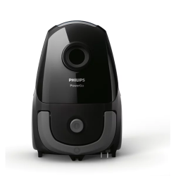 Črn sesalnik Philips PowerGo, pogled od spredaj, z odprtino za cev in gumbom na spodnjem delu.