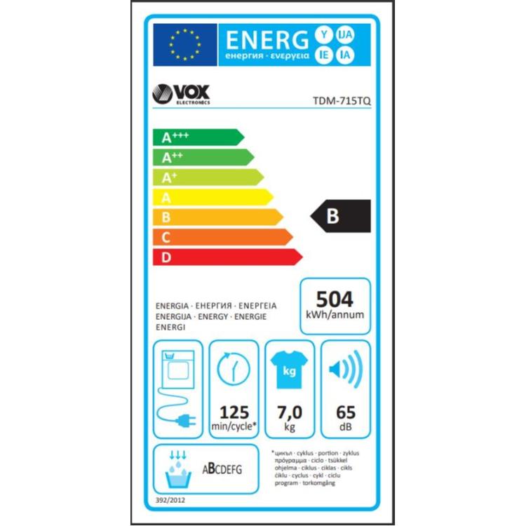 Kondenzacijski sušilni stroj VOX TDM-715TQ, B, 7 kg, 15 programov, bel