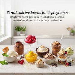 Različne vrste sladoleda in zamrznjenih sladic v skodelicah na kuhinjskem pultu.