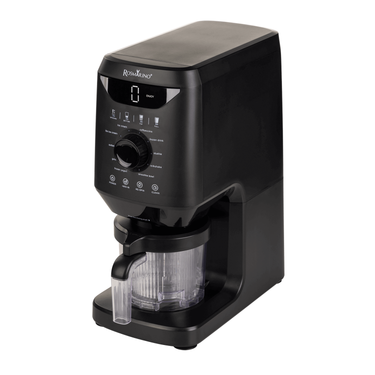 Aparat za pripravo sladoleda Rosmarino v črni barvi z digitalnim zaslonom in vrtljivim gumbom.