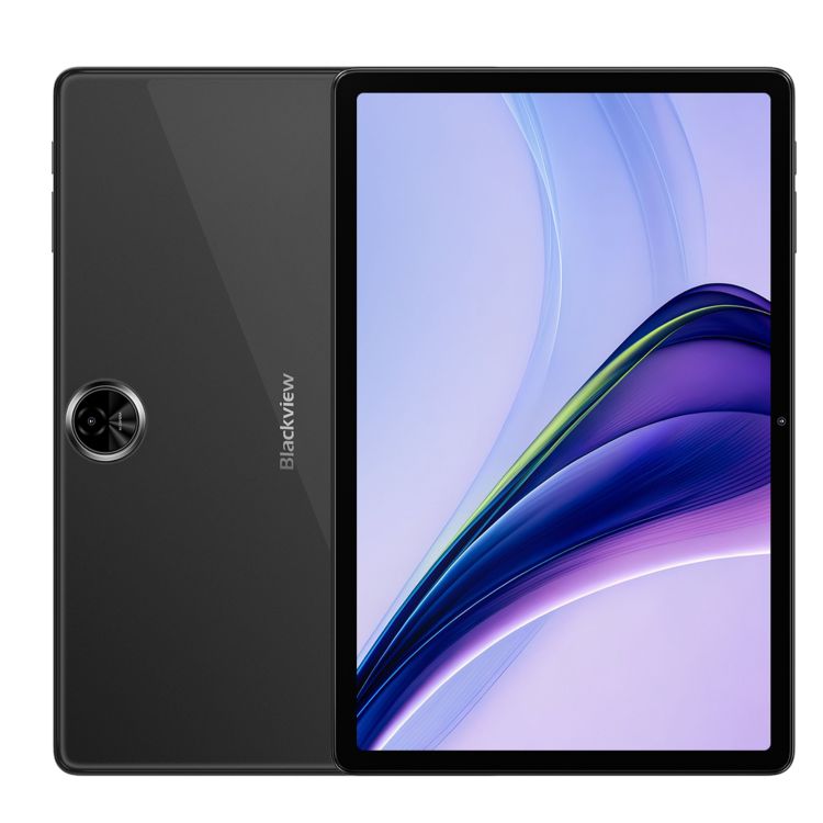 Blackview: Črna tablica, prikaz spredaj in zadaj, velik zaslon z barvitim valovitim ozadjem