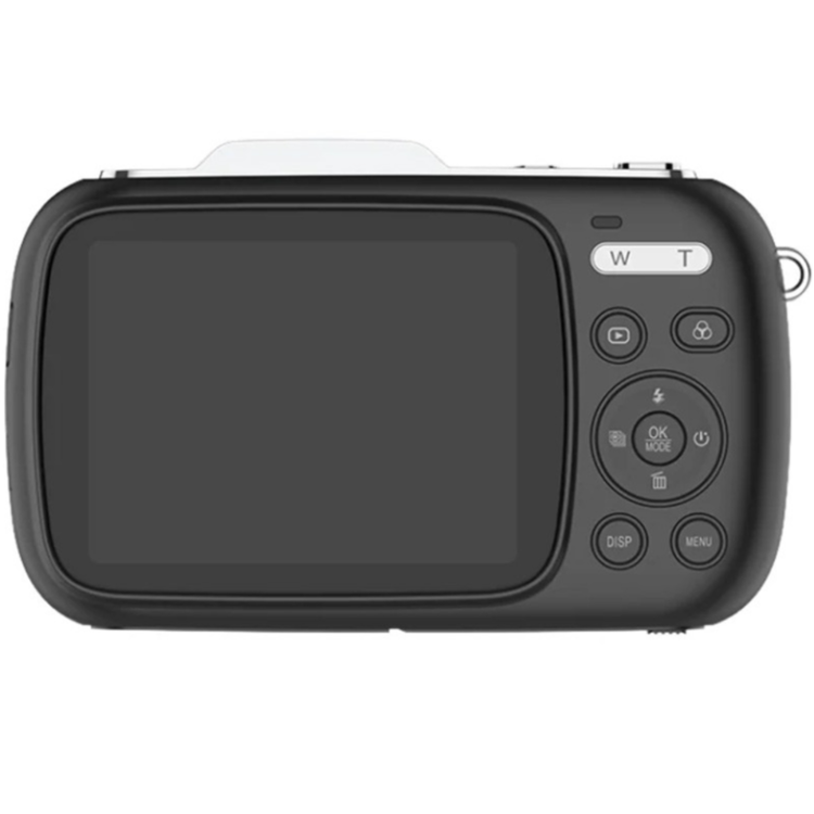 SJCAM digitalni fotoaparat v črni barvi, prikazan z zadnje strani z velikim zaslonom in gumbi za upravljanje funkcij fotoaparata.