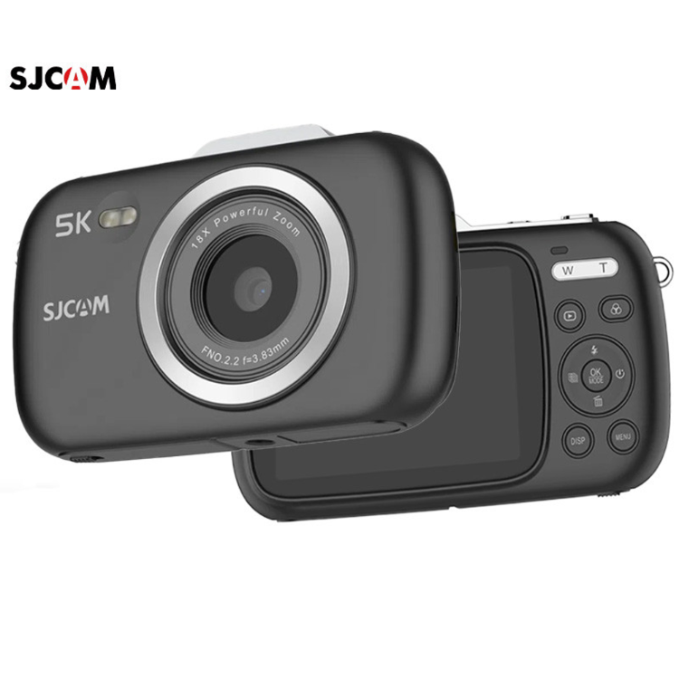 SJCAM digitalni fotoaparat v črni barvi, prikazan s sprednje in zadnje strani z velikim zaslonom, bliskavico ter 18-kratnim digitalnim zoomom.