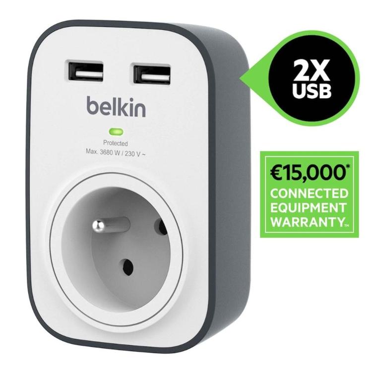 Prenapetostna zaščita Belkin, 1 vtičnica, 2x 2,4A USB (Surge Plus)