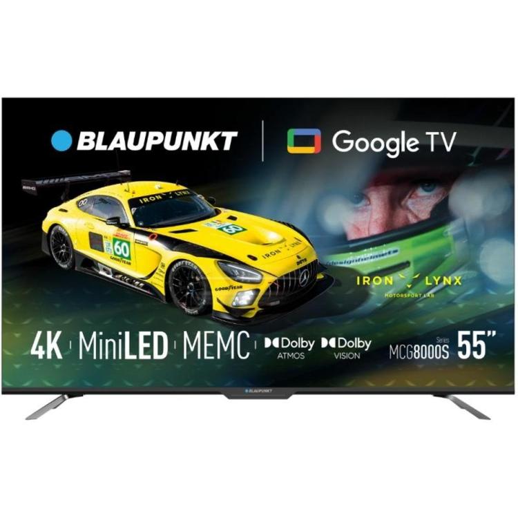 Blaupunkt 55" 4K MiniLED Google TV, sprednji pogled z oznakami MiniLED, MEMC in Dolby tehnologij.