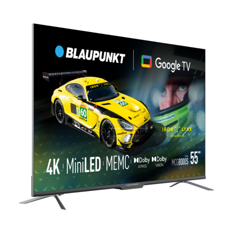 Blaupunkt 55" 4K MiniLED televizor z Google TV, MEMC ter Dolby Atmos in Vision, poševni sprednji pogled.