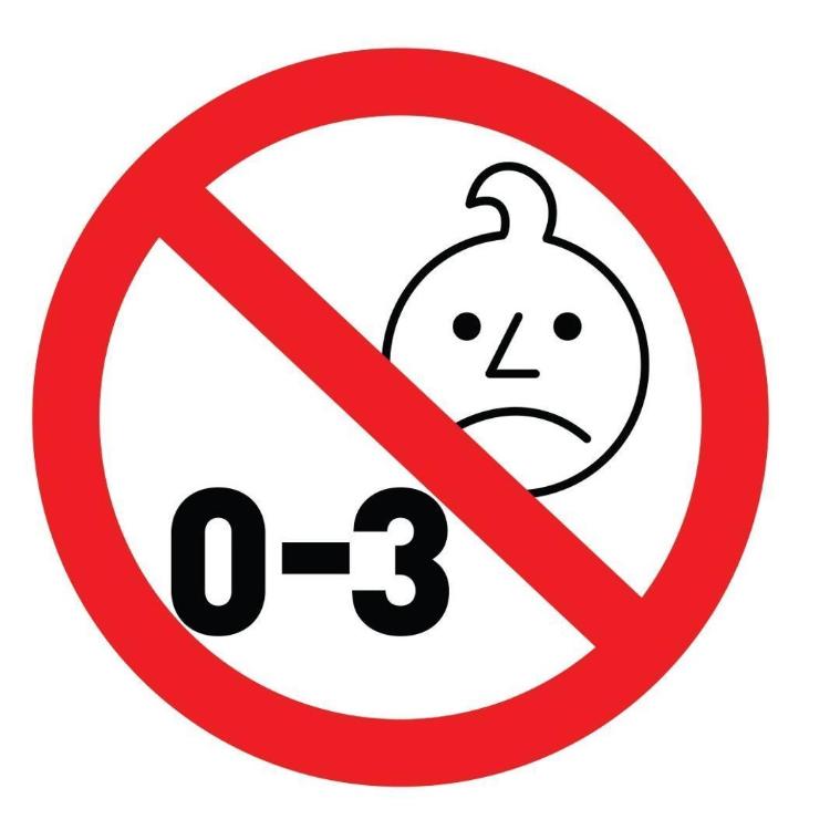 Opozorilni simbol prepovedi za otroke od 0 do 3 let zaradi majhnih delov.
