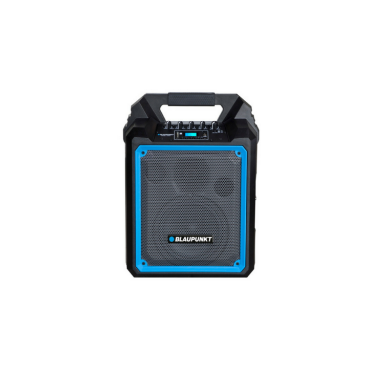 Prenosni zvočnik Blaunpunkt s črno-modrim ohišjem, sprednjo kovinsko mrežico, ročajem zgoraj in nadzorno ploščo.