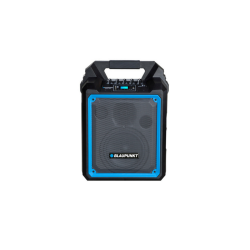 Prenosni zvočnik Blaunpunkt s črno-modrim ohišjem, sprednjo kovinsko mrežico, ročajem zgoraj in nadzorno ploščo.