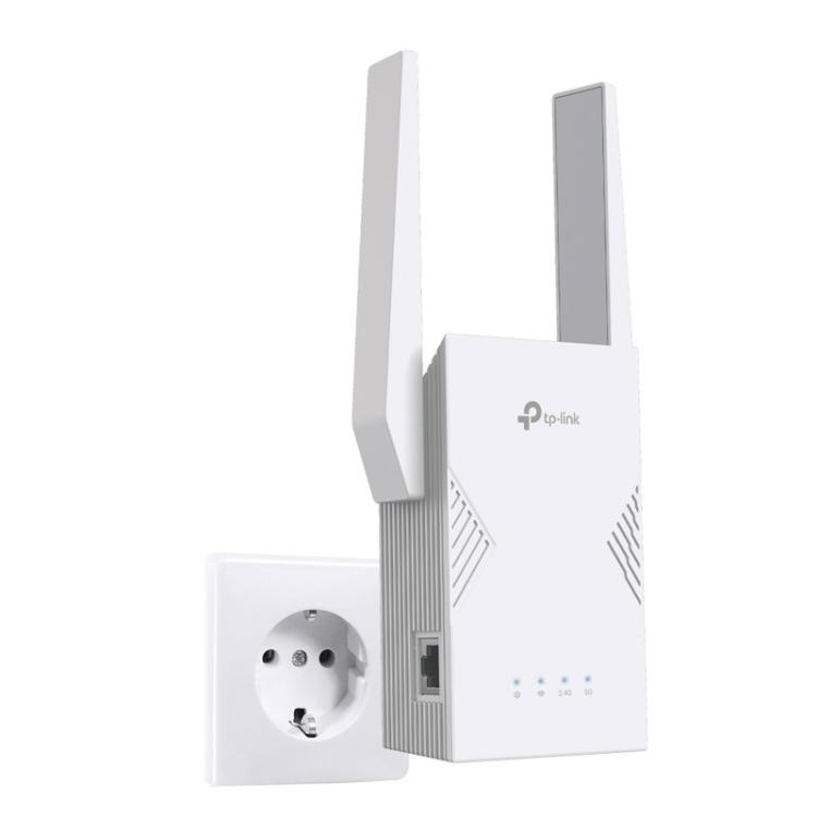 Kompaktni Wi‑Fi repetitor TP-Link z elegantnim belim ohišjem, podporo za frekvenčna pasova 2,4 GHz in 5 GHz ter sodobno zasnovo omogoča zanesljivo brezžično povezljivost tudi v prostorih z oslabljenim signalom.