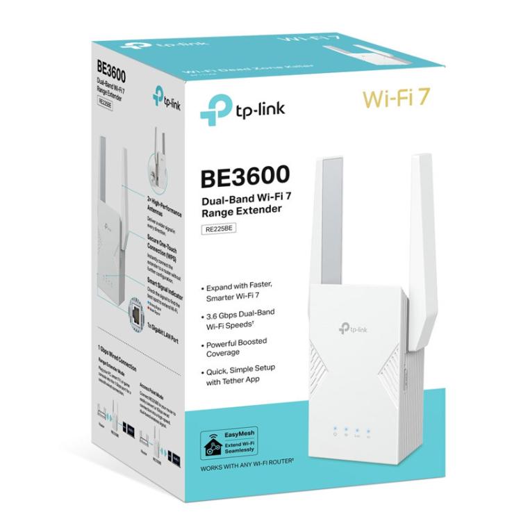 Komplet TP-Link RE225BE vključuje Wi‑Fi 7 ojačevalnik signala z elegantnim belim ohišjem, LED-indikatorji stanja in zmogljivima zunanjima antenama za širšo pokritost ter boljšo brezžično povezljivost.  Pošljite povratne informacije o storitvi BizChat