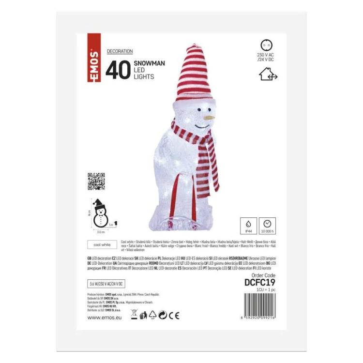 Božični snežak s kapo in šalom LED, 46 cm, zunanji in notranji, hladna bela