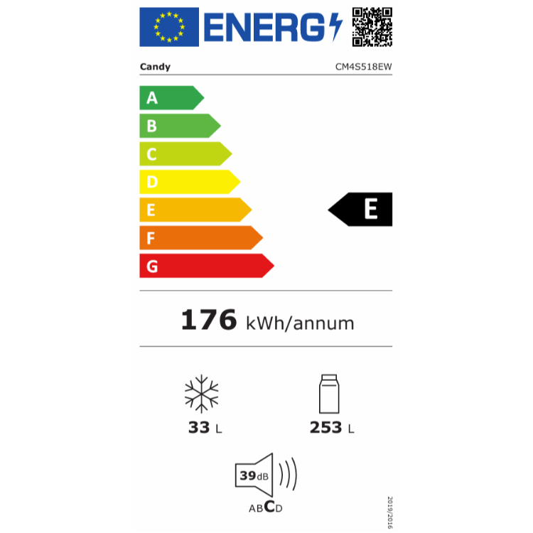 Energijska nalepka za vgradni kombinirani hladilnik Candy CM4S518EW z energijskim razredom E, letno porabo 176 kWh, prostornino 253 L (hladilnik) in 33 L (zamrzovalnik) ter glasnostjo 39 dB