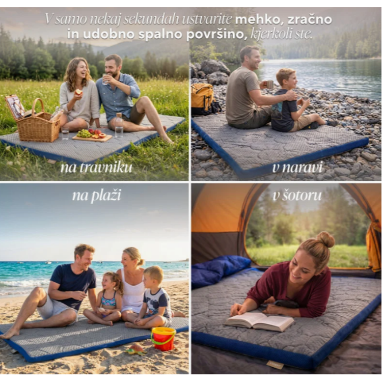 Spalna podloga Svilanit, uporaba na travi, plaži in v šotoru, mehka in udobna na različnih površinah.