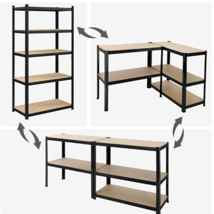 Modularni kovinski regal z lesenimi policami, prikaz različnih možnosti postavitve.