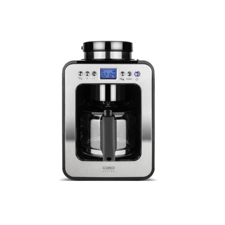 Kavni aparat CASO Design z vgrajenim mlinčkom za kavna zrna, digitalnim zaslonom in steklenim vrčem omogoča pripravo sveže mlete filtrske kave z bogato aromo.