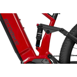 Ecobike e‑gorsko kolo: zadnje vzmetenje z blažilnikom, aluminijasta nihajka in robusten rdeče‑črn okvir.