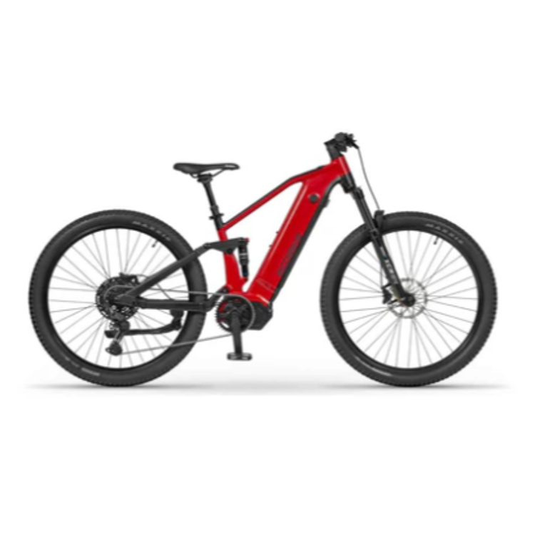 Ecobike električno gorsko kolo: stranski pogled z integrirano baterijo, motorjem v sredini in zadnjim menjalnikom.