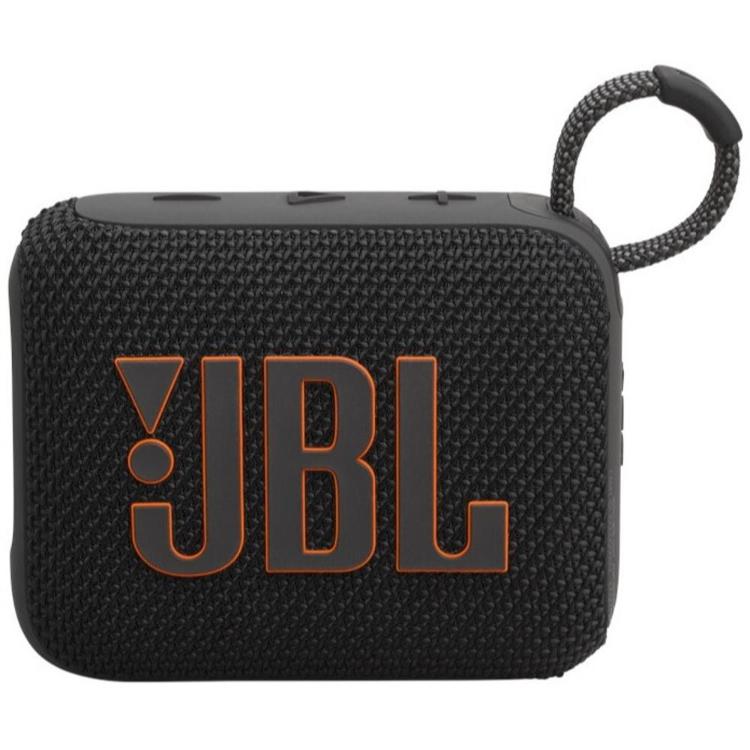JBL brezžični zvočnik s tkaninsko mrežo v črni barvi in velikim logotipom na sprednji strani, sprednji pogled