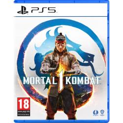 Mortal Kombat 1 za PS5, uradna naslovnica z osrednjim borcem pred simbolom zmaja Mortal Kombat in ognjenimi učinki.
