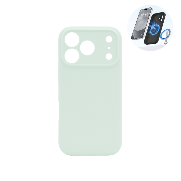 Mint silikonski ovitek N‑Soft Magnetic za iPhone 17 Pro s podporo MagSafe, mehko površino in natančno izdelanimi izrezi za kamere.