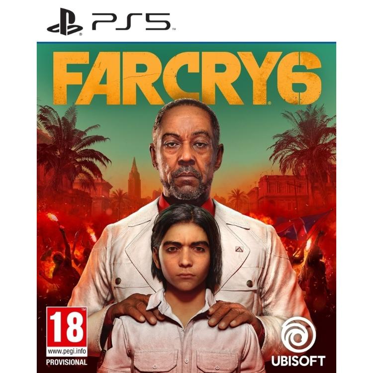 Copilot said: Far Cry 6 PS5: naslovnica akcijske igre za PlayStation 5, dve osebi v ospredju, protesti in palme v ozadju, Ubisoft.