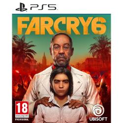 Copilot said: Far Cry 6 PS5: naslovnica akcijske igre za PlayStation 5, dve osebi v ospredju, protesti in palme v ozadju, Ubisoft.