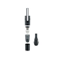 Ročni sesalnik Graef z razstavljenimi deli, prikaz posode za prah, filtra in nastavka