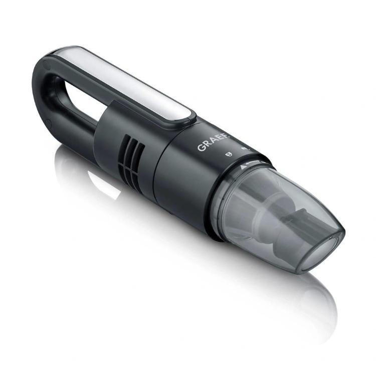 Ročni sesalnik Graef v temno sivi barvi s prozorno posodo za prah in ergonomskim ročajem