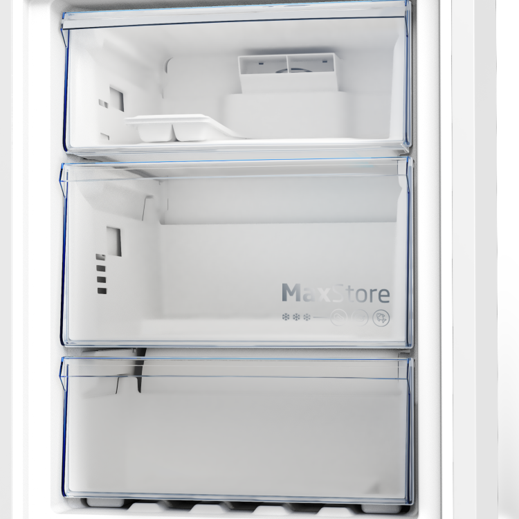 Zamrzovalni del hladilnika Beko B3RCNA404HDXB1 s tremi prozornimi izvlečnimi predali, vključno z velikim predalom MaxStore za pregledno shranjevanje zamrznjenih živil