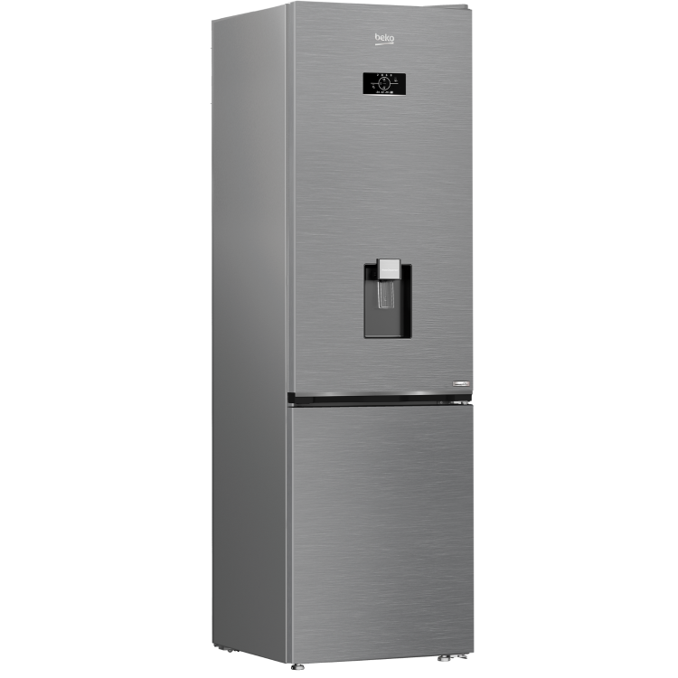 Stranski pogled hladilnika Beko B3RCNA404HDXB1 z inox zaključkom, zunanjim dozirnikom vode in sodobnim minimalističnim dizajnom