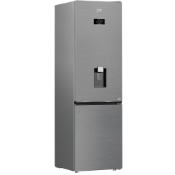 Stranski pogled hladilnika Beko B3RCNA404HDXB1 z inox zaključkom, zunanjim dozirnikom vode in sodobnim minimalističnim dizajnom