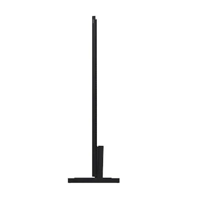 Samsung The Frame TV, stranski profil, zelo tanek zaslon s stabilnim stojalom in galerijsko zasnovo.