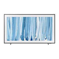 Samsung The Frame TV, frontalni pogled z črnim okvirjem in modro umetniško sliko, videz stenske slike.