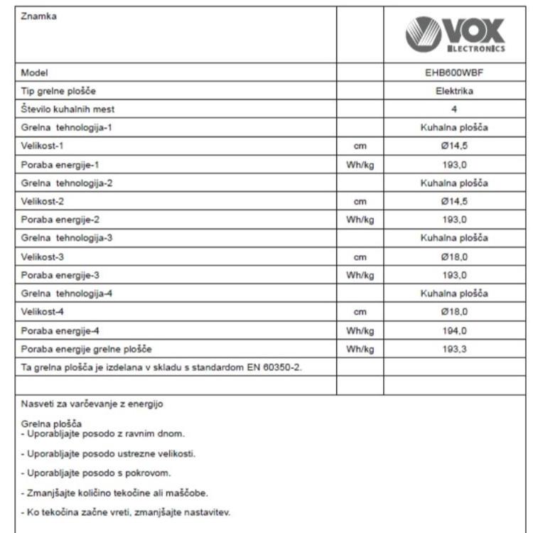 Električni Štedilnik VOX EHB 600 WBF, 4x elektrika