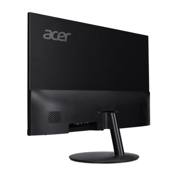 Zadnji poševni pogled monitorja Acer, mat črna ohišje, vgrajeni priključki in minimalistično stojalo.