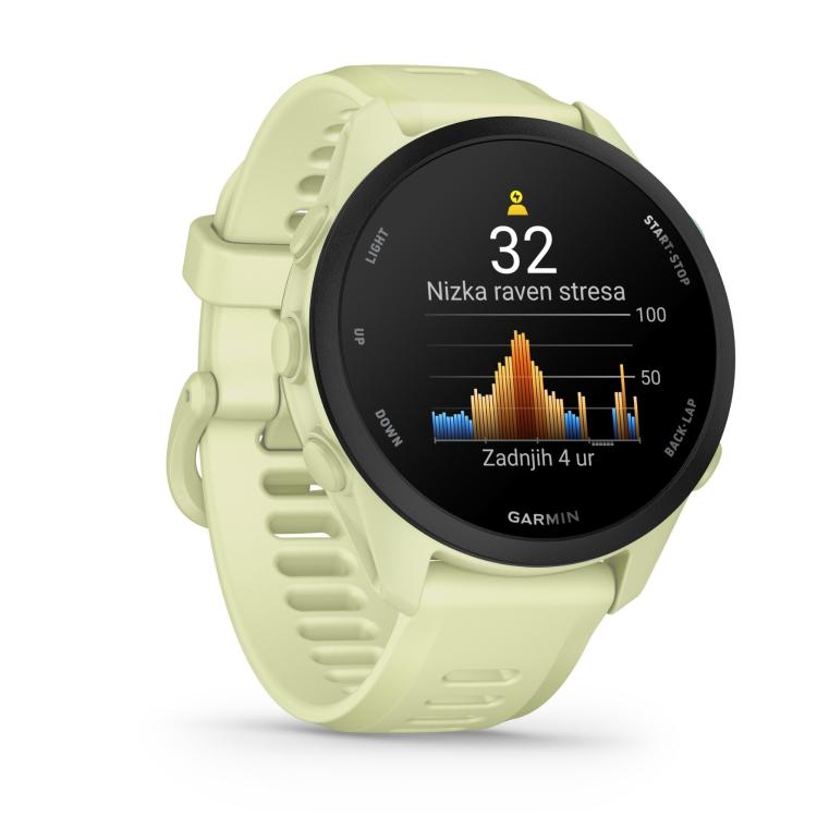 Copilot said: Garmin Forerunner 70, svetlo zelena športna GPS ura s prikazom ravni stresa in analizo zadnjih 4 ur.