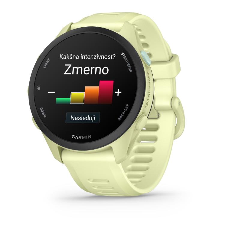 Garmin Forerunner 70, svetlo zelena športna ura z oceno intenzivnosti vadbe in vodenjem aktivnosti.