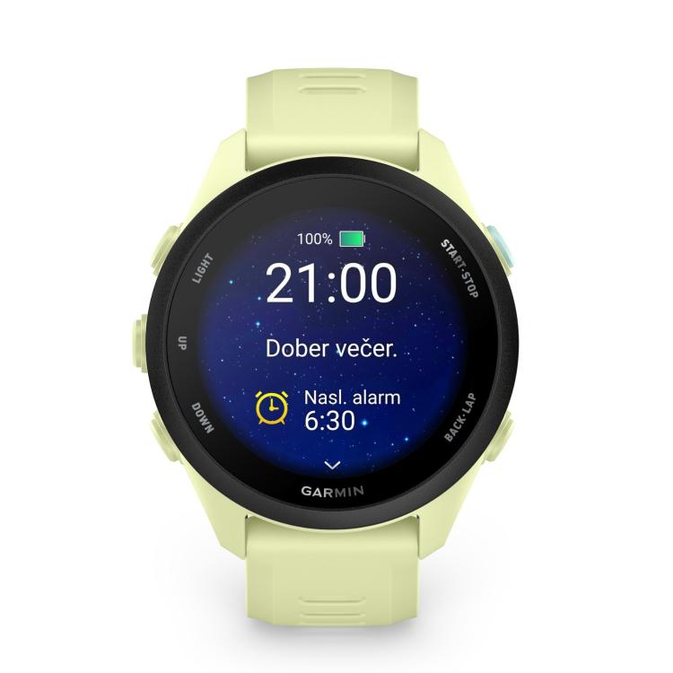 Garmin Forerunner 70, svetlo zelena športna ura s prikazom časa, baterije in nastavljene budilke.