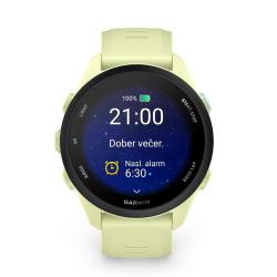 Garmin Forerunner 70, svetlo zelena športna ura s prikazom časa, baterije in nastavljene budilke.