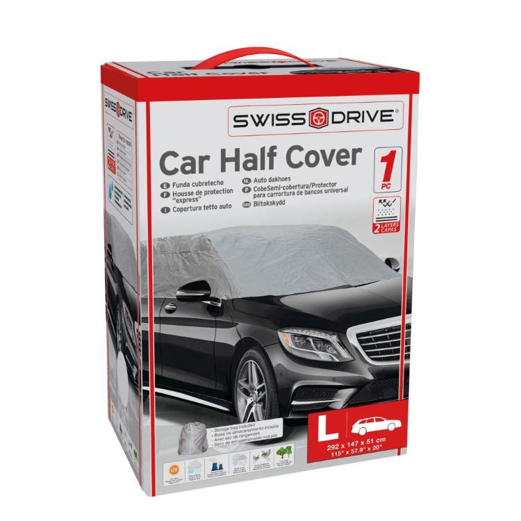 Škatla “Swiss Drive Car Half Cover” z rdečim robom, prikazom avta in velikostjo M (259 × 147 × 51 cm).