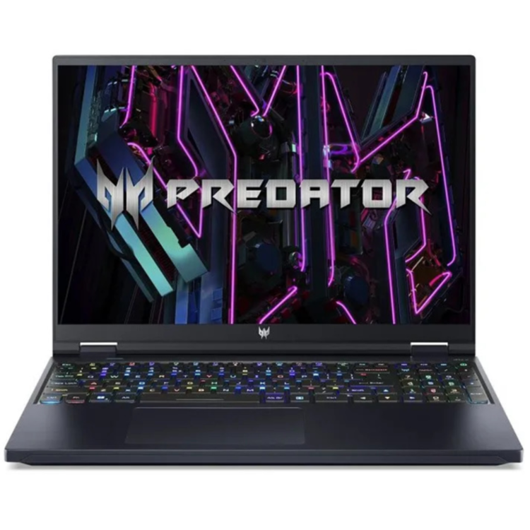 Gaming prenosnik Acer Predator, sprednji pogled, velik zaslon z logotipom Predator in RGB osvetljena tipkovnica.