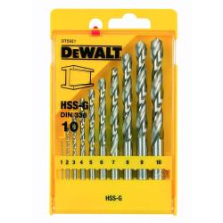DeWalt set HSS‑G svedrov za kovino (10 kosov) v rumeni plastični škatli z velikostmi svedrov od 1 do 10 mm in oznako DIN 338.