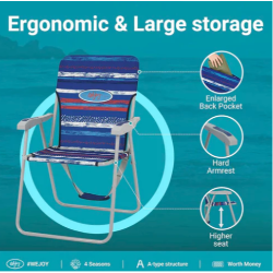 Plažni stol z ergonomsko zasnovo, večjim zadnjim žepom in trdnimi nasloni za roke.