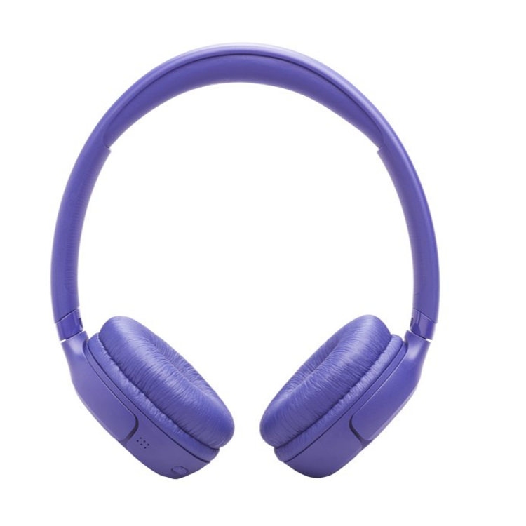 Vijolične JBL slušalke od spredaj, zaobljen lok in mehke blazinice za udobno poslušanje.