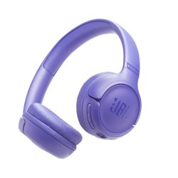 Vijolične JBL slušalke v poševnem pogledu, mehke blazinice in stranski gumbi za upravljanje.