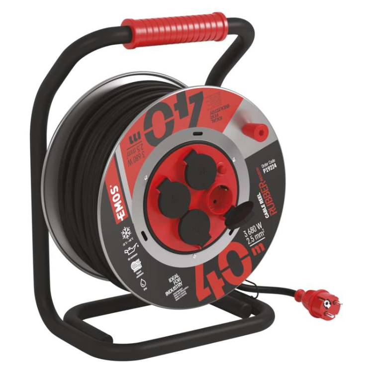 Zunanji kolutni podaljšek Emos 40 m / 4 vtičnice / črni / guma-neopren / 230V / 2,5 mm2